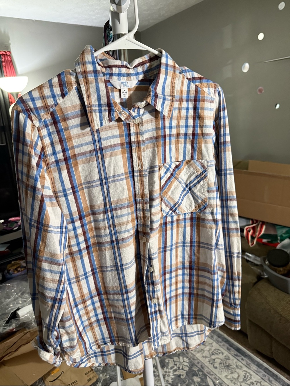 Time and Tru Men's Plaid Button-Down Shirt in Blue & Brown